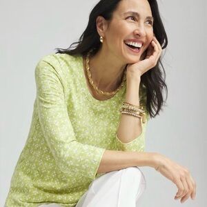 CHICO’S NWT 2 Graphic Slub Scoop Neck Tee Frozen Lime Green Moroccan Tile Top L